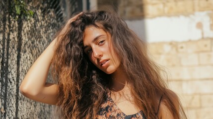 Fototapeta premium Woman with long brown hair is standing in front of a wall
