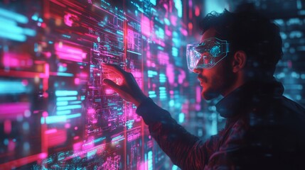 Naklejka premium Register process security. A person interacts with a vibrant, digital interface featuring colorful data visualizations and technology-enabled glasses.