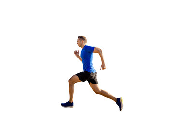 side view athletic man running isolated on transparent background