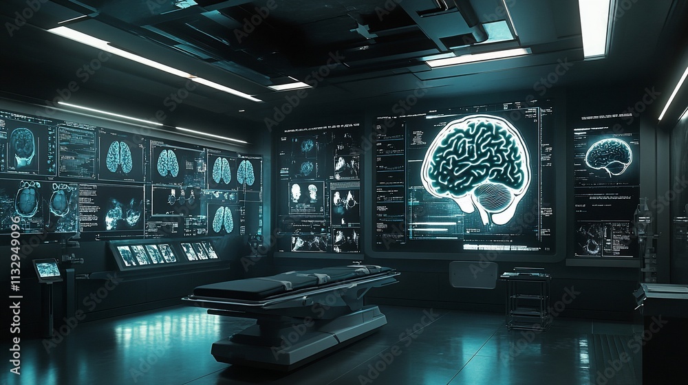 Poster futuristic medical lab featuring brain imaging technology and analysis tools.