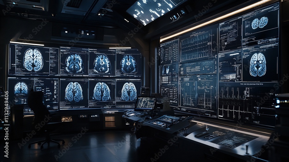 Poster High-tech control room displaying brain scan images and data analysis.