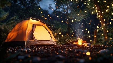 Cozy Camping Scene with Tent, Fire, and Sparkling Lights at Night