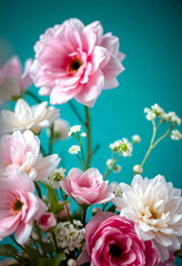 Obraz premium Elegant arrangement of pink and white flowers against a teal background highlighting intricate floral details and delicate beauty, blurry foreground