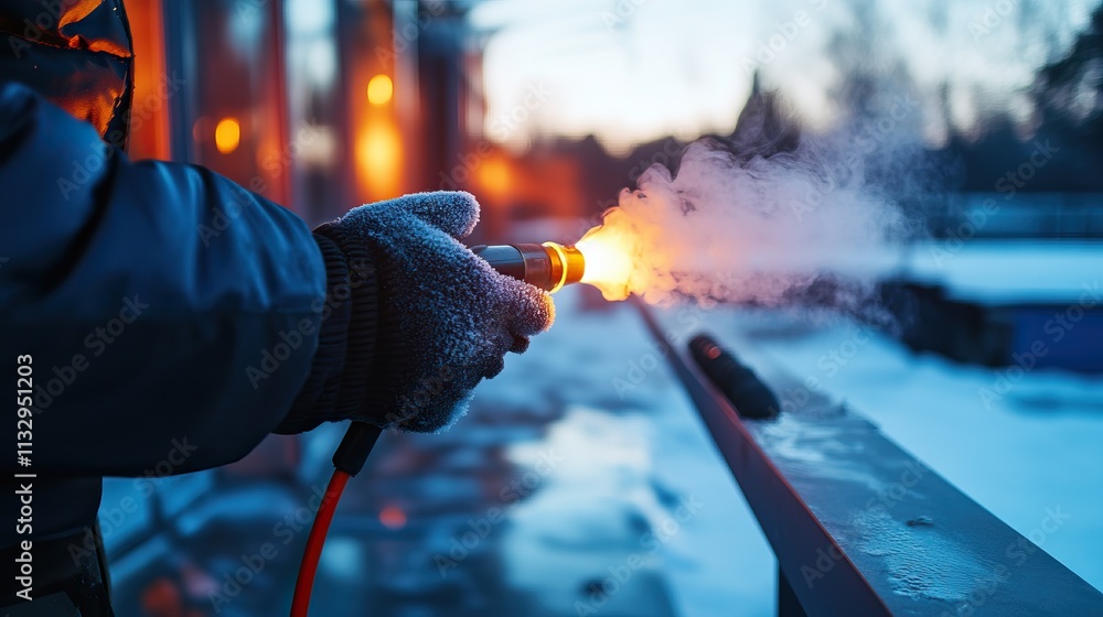Poster a person using a tool that emits steam and sparks, set against a backdrop of winter scenery, creatin