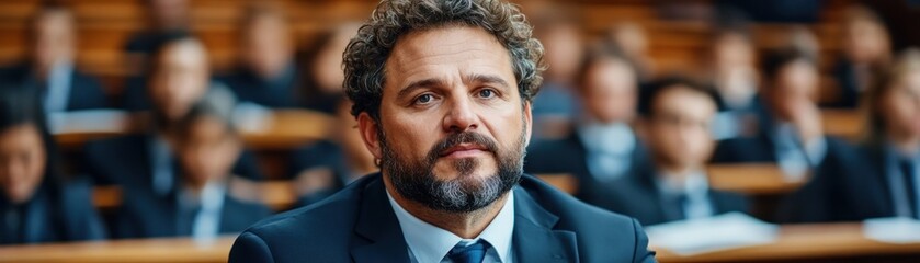 Obraz premium A Leader conducting a symphony of professionals in an abstract corporate setting, symbolizing guidance and unity, where individuals focus on a task This is a professional setting where people wear