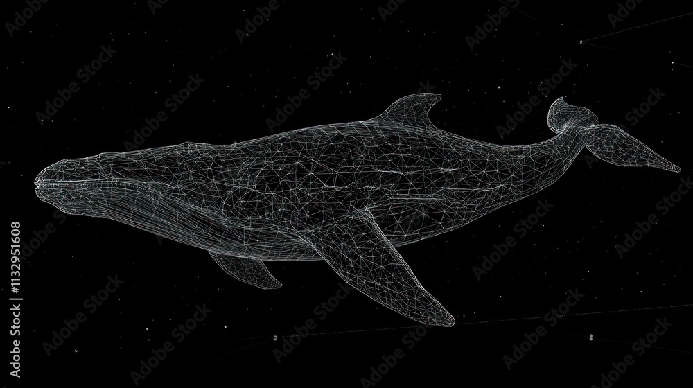 Poster a wireframe representation of a whale in a starry background.