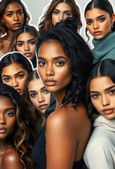 Obraz premium Portrait of many attractive female fashion models and looking at the camera. Diverse ethnic group of beautiful women with natural beauty and glowing smooth skin, sticker style, with white tones