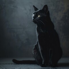 Obraz premium Studio portrait of a beautiful black cat sitting and looking away on a dark background