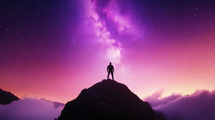 A lone figure stands atop a mountain peak under a mesmerizing Milky Way, surrounded by vibrant hues of twilight and ethereal clouds.
