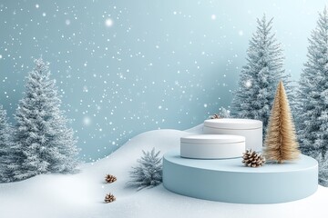 Cute Christmas-themed podium background with white circular display stands, golden pine trees, and falling snow, creating a festive atmosphere for winter sales.