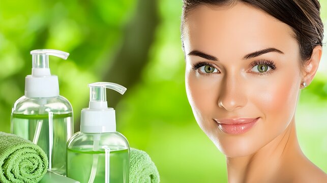woman’s face combined with images of eco-friendly beauty products, fitness routines, and healthy lifestyles, reflecting the trend of sustainable health and beauty choices. [Women]:[health trends] 