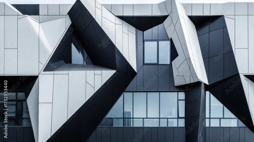 Poster Abstract architectural facade featuring dynamic geometric shapes and contrasting materials.
