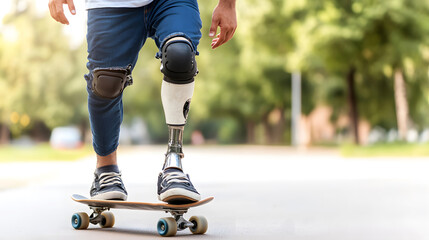 Young man with a prosthetic leg confidently riding a skateboard in a vibrant green park, showcasing resilience and determination in action.