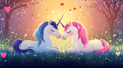 Obraz premium Two colorful unicorns cuddle in a magical forest, surrounded by hearts and flowers, creating a whimsical and romantic atmosphere.