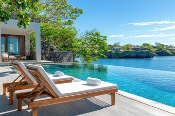 Fototapeta premium Elegant Poolside Retreat Overlooking Serene Ocean and Lush Landscape