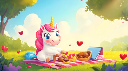 Fototapeta premium A cute unicorn enjoys a picnic in a sunny meadow, surrounded by hearts and delicious treats on a colorful blanket.