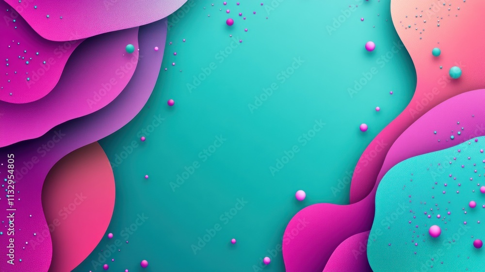 Poster abstract design with layered shapes and spheres in vibrant colors.