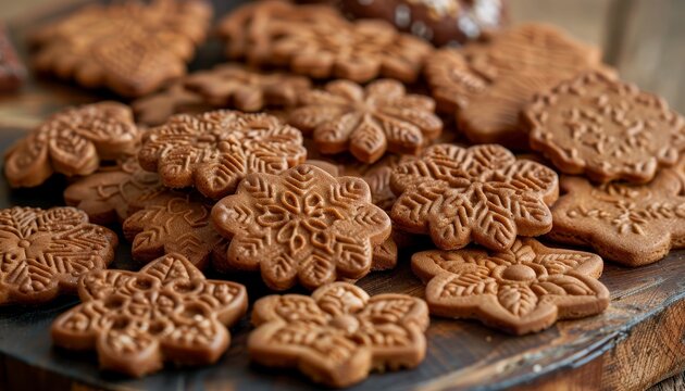 Close up of freshly baked gingerbread cookies in the shape of snowflakes and stars on a wooden surface. - Powered by Adobe