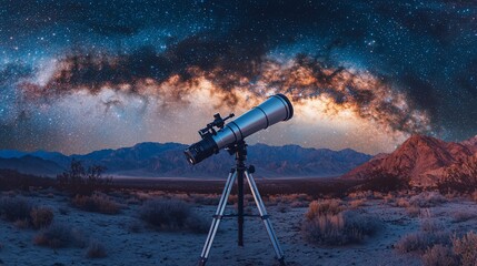 Naklejka premium Telescope viewing the Milky Way galaxy over desert mountains at night.