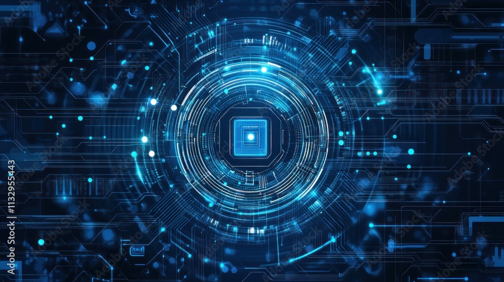 Poster abstract digital circuit design with blue and black tones, representing technology and innovation.