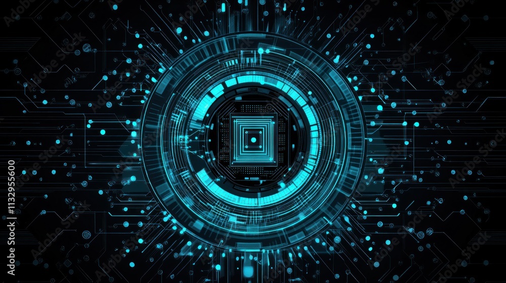 Poster abstract digital circuit design with glowing elements and a central core.