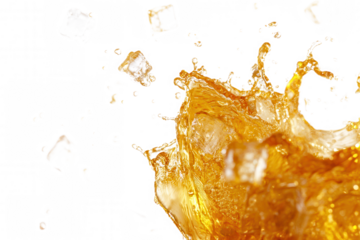 Golden liquid erupts in dynamic splashes and ricochets off ice cubes, creating an energetic visual with a striking contrast against the transparent background. The scene captures motion and freshness 
