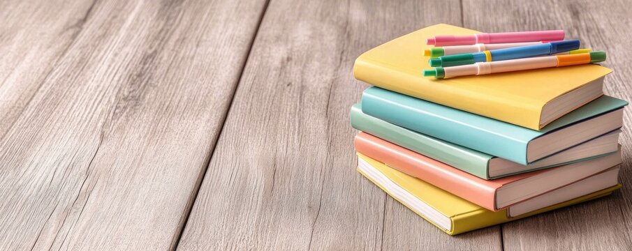 Explore organization and habit building with this image featuring stacked planners, adorned with vibrant, colorful markers resting on a rustic wooden desk A perfect visual for planning, productivity