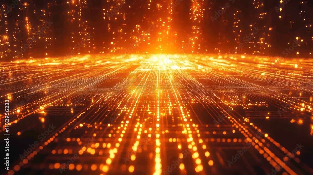 Poster abstract digital landscape with glowing lines and particles representing technology and data flow.