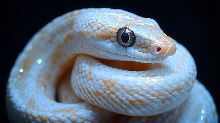Fototapeta premium stunning white snake with orange patterns, coiled elegantly, showcasing its intricate scales and captivating eyes. This mesmerizing creature embodies beauty and grace in nature