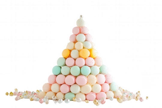 A vibrant tower of macarons in various pastel colors is carefully stacked to create an eye catching centerpiece. Surrounding the tower are scattered decorative beads, enhancing the festive ambiance of