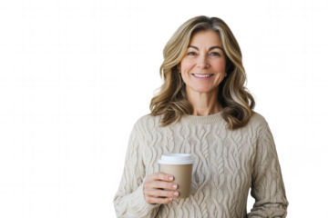 A cheerful woman stands smiling while holding a disposable coffee cup. She wears a cozy, knitted sweater and radiates positivity, making the moment feel warm and inviting. Perfect for showcasing a cas
