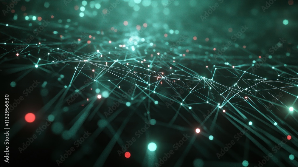 Poster abstract digital network visualization with glowing nodes and connections.