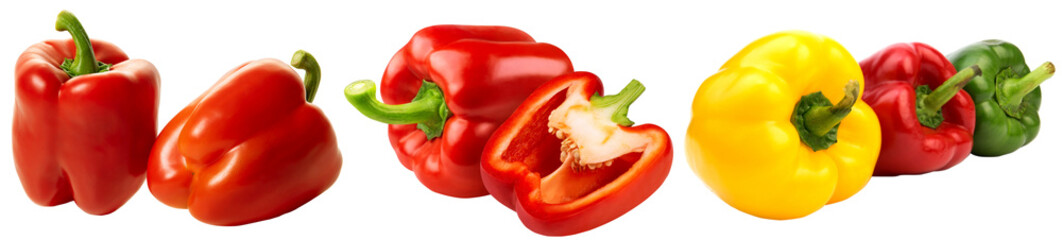 piment&oacute;n p&aacute;prika pimiento rojo verde y amarillo en varias presentaciones aislado sobre fondo transparente png alta resoluci&oacute;n fotograf&iacute;a profesional editable alta calidad detallado excelente calidad 