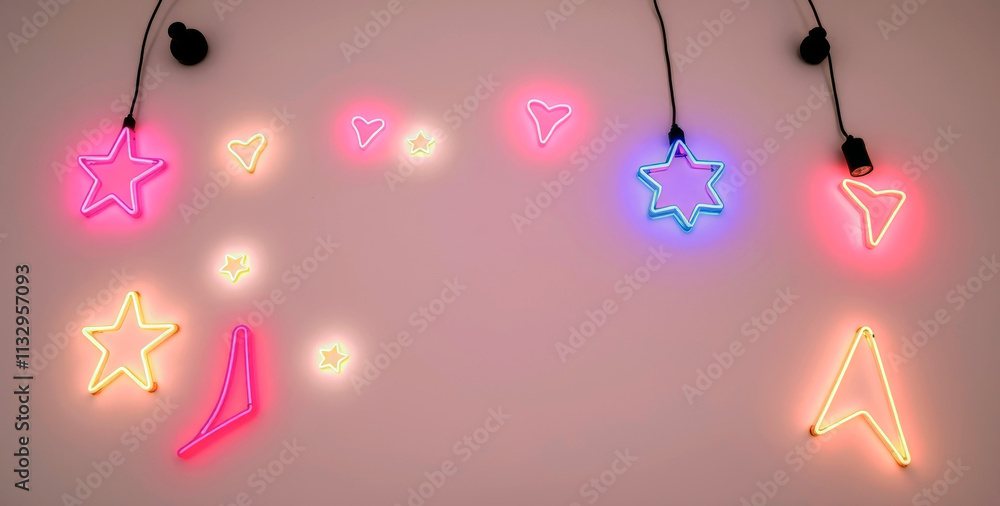 Poster a neon sign with a pink background and a row of neon stars and hearts. the stars are in different co