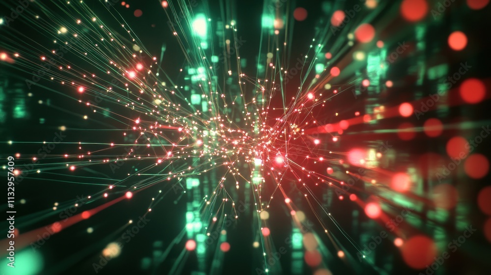 Poster abstract digital visualization with vibrant particles and lines representing data flow.