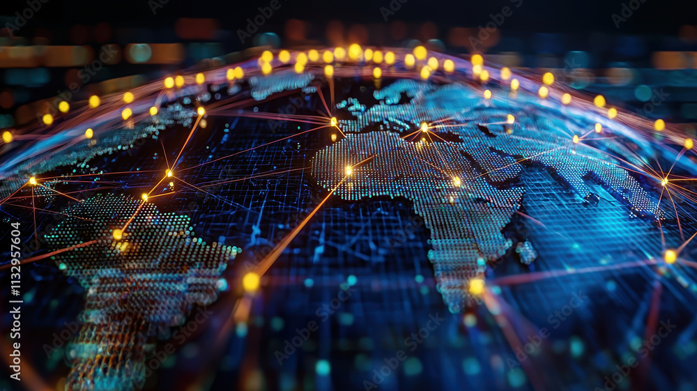 Poster close up view of holographic globe showcasing interconnected networks, highlighting global connectio
