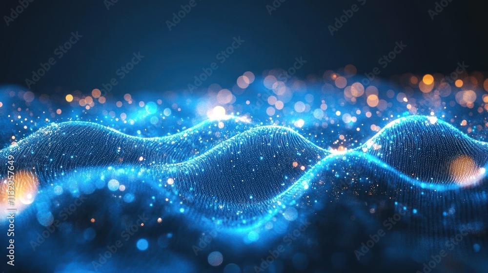 Poster Abstract digital waves with glowing particles, representing technology and data visualization.