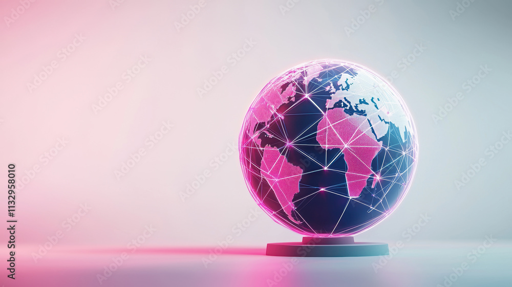 Poster dynamic 3d globe with interconnected lines, showcasing vibrant design. globe features mix of pink an