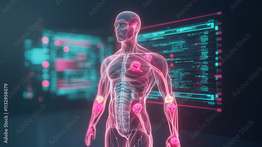 Poster digital representation of human figure showcasing anatomical features and data visualization. figure