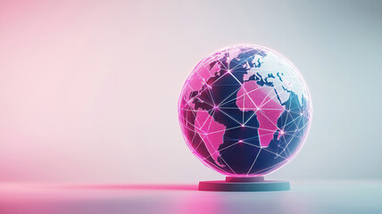 dynamic 3D globe with interconnected lines, showcasing vibrant design. globe features mix of pink and blue hues, representing global connectivity and technology