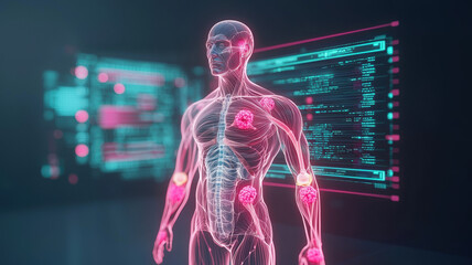 digital representation of human figure showcasing anatomical features and data visualization. figure is highlighted with neon colors, emphasizing various body parts and health indicators