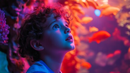 A young child gazes in awe at a vibrant aquarium filled with colorful fish and coral. The mesmerizing lights create an enchanting atmosphere for exploration. Generative AI