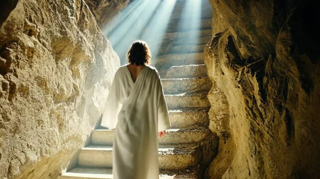 Jesus Christ emerges from his tomb, symbolizing hope and renewal through resurrection Easter holiday