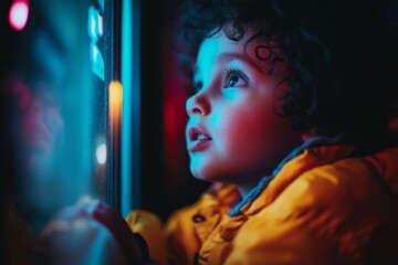 Fototapeta premium A young child gazes in wonder at vibrant lights. The expression reflects curiosity and fascination with the colorful surroundings. An enchanting moment captured. Generative AI