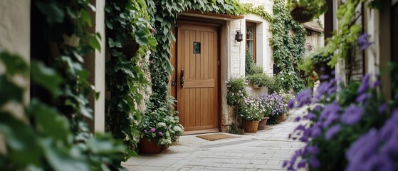Fototapeta premium Ivy-clad cottage with a wooden door and vibrant purple flowers, capturing enchanting charm and cottage allure.