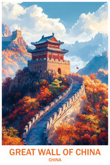 Naklejka premium Great Wall of China travel poster illustration, perfect for home decor, gifts, or wall art. Print on canvas, paper, or poster