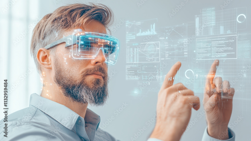 Poster man wearing futuristic augmented reality glasses interacts with digital interfaces, showcasing advan