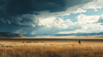 Lone figure in vast prairie under dramatic sky.