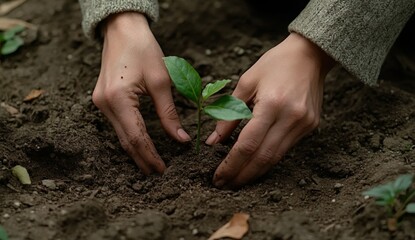 Close-up of hands planting young tree in soil with green sprout.
