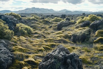 Ancient volcanic landscape with moss-covered rocks and sparse vegetation, dramatic and unspoiled terrain, detailed and photo-realistic capture 